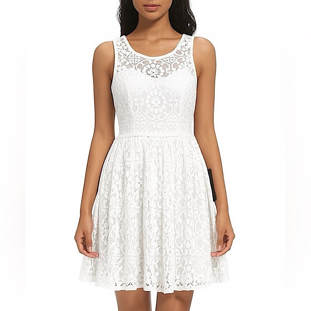 BCX Lace Fit & Flare Mini Dress Off White Ivory Keyhole Pearl Back Formal Party